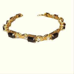 Vintage Obsidian & CZ Gold Vermeil Over Sterling Silver Tennis or Line Bracelet